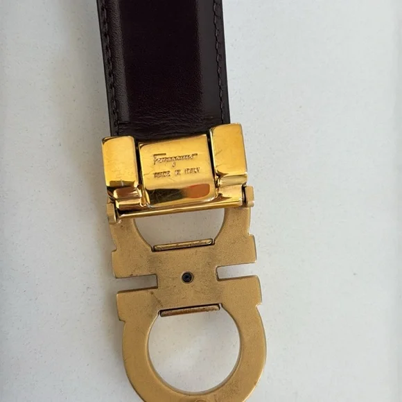 Salvatore Ferragamo Gold Dark Brown Leather Gancini Belt size 40”